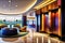 Representative luxurious living area with massive noble furniture, a shiny mirrored stone floor and elevator doors, made with