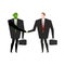 Reptilid and businessman handshake conclusion. Business with aliens