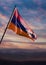 Republic of Artsakh flag, Nagorno-Karabakh flag waving on sky at dusk