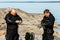 Republic of Karelia, Russia - August 19, 2015: Scuba divers checking their equipment and prepare to dive