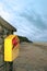 Rescue buoy on empty beach