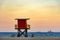 Rescue cabin on Copacabana beach at sunset