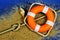 Rescue circle in the sand,help is on the sea. Rescue equipment on the water in danger of drowning-floating float in the form of a