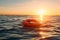 Rescue concept. Bright orange lifebuoy bobs on sunlit waves at dawn, copy space available