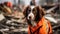 Rescue dog in signal vest on ruins of destroyed building for search and rescue service