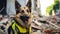 Rescue dog in signal vest searching destroyed building close up with blurred background