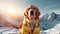 Rescue dog in signal vest on snowy mountain with blurred background for text placement