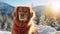 Rescue dog in signal vest on snowy mountains with blurred background, ideal for text placement