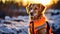 Rescue dog in signal vest on snowy mountains with defocused background and text space