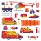 Rescue Equipment with Specialized Machine and Emergency Vehicle for Urgent Saving of Life Vector Set