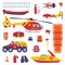 Rescue Equipment with Specialized Machine and Emergency Vehicle for Urgent Saving of Life Vector Set