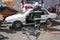 Rescue firefighter in action for saving people from a car crash in front of other people in Sofia, Bulgaria - Sep,11, 2007