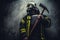 Rescue firefighter man in oxygen mask.