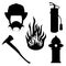 Rescue firefighters equipment SET. Silhouette of gear in Black color