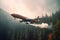 Rescue firefighting aircraft extinguishes forest fire by dumping water on burning pine forest. Side view of air tanker
