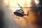 Rescue firefighting helicopter extinguishes a forest fire on a background of burning coniferous forest. Saving forests
