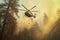 Rescue helicopter extinguishes a forest fire by dropping a large amount of water on a burning coniferous forest. Saving forests,