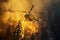 Rescue helicopter extinguishes a forest fire by dropping a large amount of water on a burning coniferous forest. Saving forests,