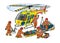 Rescue helicopter and the rescuers. Vector cartoon