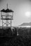 Rescue lifeguard tower sea ocean sandy beach at sunset in evening