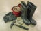 Rescue rope, axe, carbine, boots, fireman`s gloves. Firefighters` equipment.