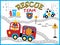 Rescue team cartoon vector with funny firefighter and police car