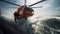 Rescue team descending from a helicopter at a ship in distress.