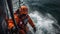 Rescue team descending from a helicopter at a ship in distress.