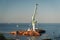 Rescue wrecked oil tanker Delfi in Odessa, Ukraine 26 August 2020, near Black Sea coast. Marine Crane lift wreck Delphi into sea.