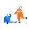Rescuer Female Character Wearing Orange Uniform Running to Help Injured Man Sitting on Ground