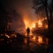 Rescuer sprays water amidst charred ruins, extinguishing remnants of devastating house fire