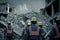 Rescuers in uniform and helmets dismantle the rubble of houses after the earthquake, the ruined city and multi-storey