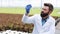 Researcher takes water in a test tube sitting in a greenhouse. Agricultural engineer makes analysing plants