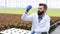 Researcher takes water in a test tube sitting in a greenhouse. Agricultural engineer makes analysing plants