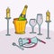 Reserved restaurant table with tablecloth, candles in candlestick, plant, wineglasses, champagne wine and cutlery vector