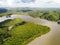 Reservoir, Aerial view river forest nature woodland area green tree, Top view river lagoon pond water from above, island green