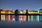 A reservoir with colourful light reflection