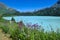 Reservoir lake with mountains epic landscape. Idyllic reservoir Kops lake at 1800 m in austrian Galtur, Vorarlberg