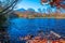 Reservoir near the mountain filled with leaves change color. In the fall leaves With blue skies and white clouds In Akita Japan