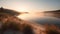 Reservoir With Sand Dune, Beach Grass, Foggy Shoreline, Soft Muted Waves, And Sunrise