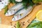 Resh fish with the vegetables, condiment and lemon, bluefish. Food preparation.