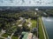 The residence of Sheremetevs Kuskovo on a summer sunny day. Regular garden in the French style. Aerial drone view