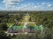 The residence of Sheremetevs Kuskovo on a summer sunny day. Regular garden in the French style. Aerial drone view