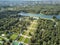 The residence of Sheremetevs Kuskovo on a summer sunny day. Regular garden in the French style. Aerial drone view