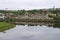 Residential area buildings reflect in Nidelva river on a cloudy day in Trondheim, Norway.