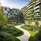 Residential area with ecological and sustainable green residential houses with apartments and green courtyard