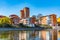 Residential building at riverside of Motala strom river in Norrkoping, Sweden