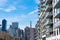 Residential Buildings along the Shore of Astoria Queens New York with the Roosevelt Island and Upper East Side Skyline