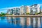 Residential buildings alongside Nissan river in Swedish town Hal