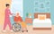 Residential care facility. A nurse with old woman on wheelchair. A bedroom in nursing home or retirement home. Scene of